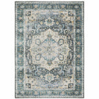 HomeRoots 510365 7 x 10 ft. Blue Ivory Teal Brown & Gold Oriental Printed Stain Resistant Non Skid Rectangle Area Rug