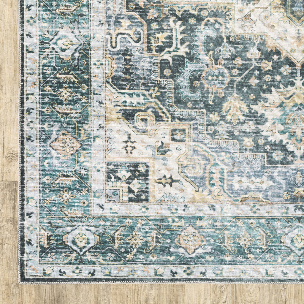 HomeRoots 510365 7 x 10 ft. Blue Ivory Teal Brown & Gold Oriental Printed Stain Resistant Non Skid Rectangle Area Rug