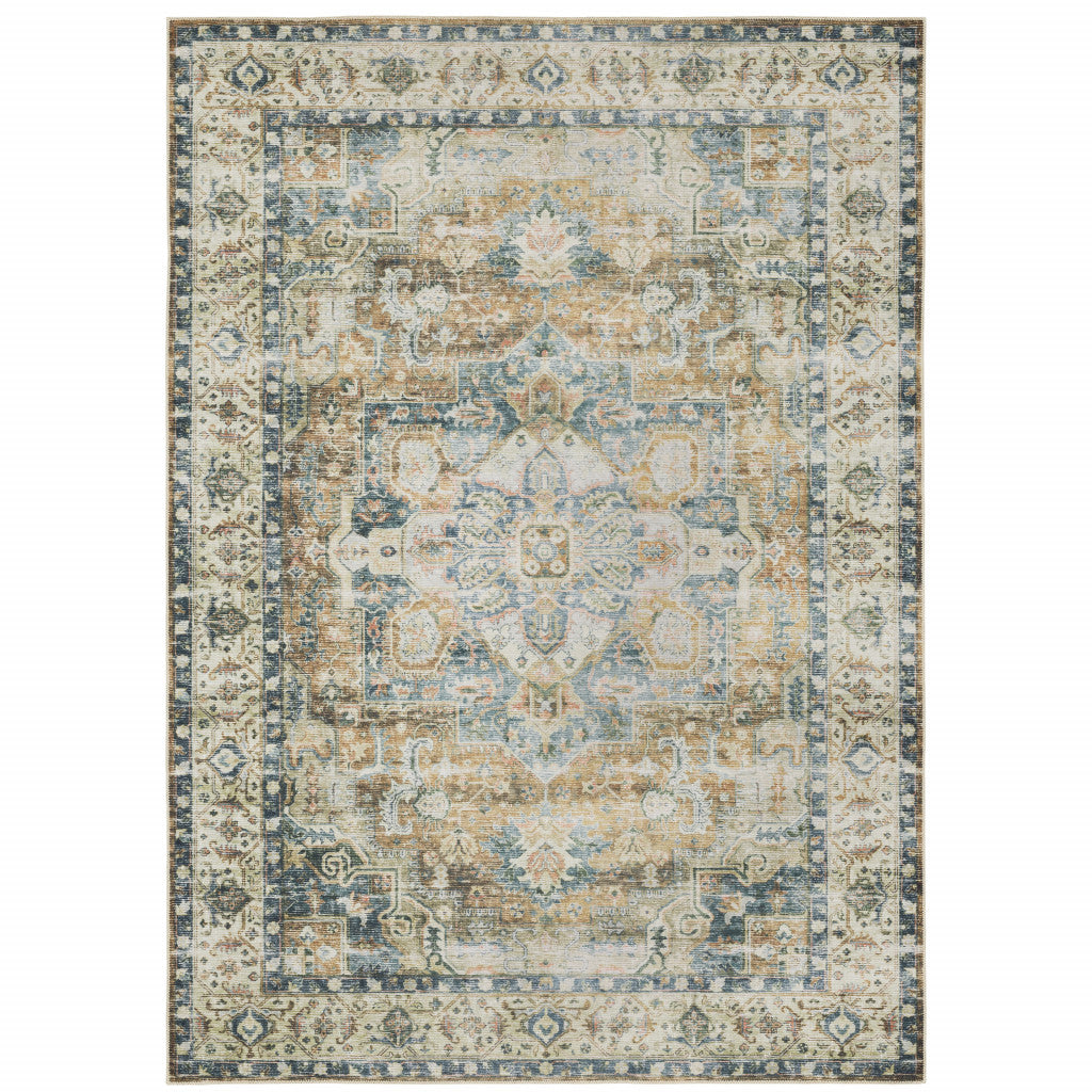 HomeRoots 510370 7 x 10 ft. Blue Gold Brown Green & Salmon Oriental Printed Stain Resistant Non Skid Rectangle Area Rug