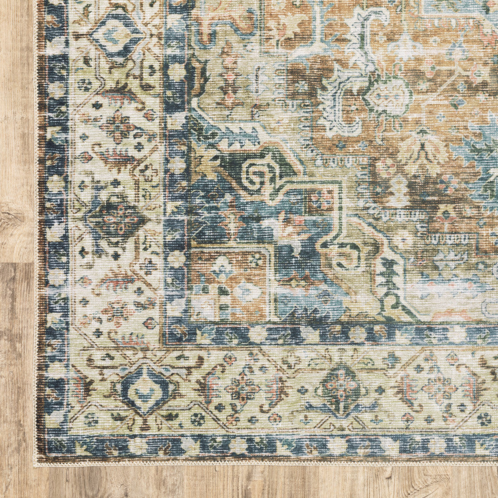 HomeRoots 510370 7 x 10 ft. Blue Gold Brown Green & Salmon Oriental Printed Stain Resistant Non Skid Rectangle Area Rug