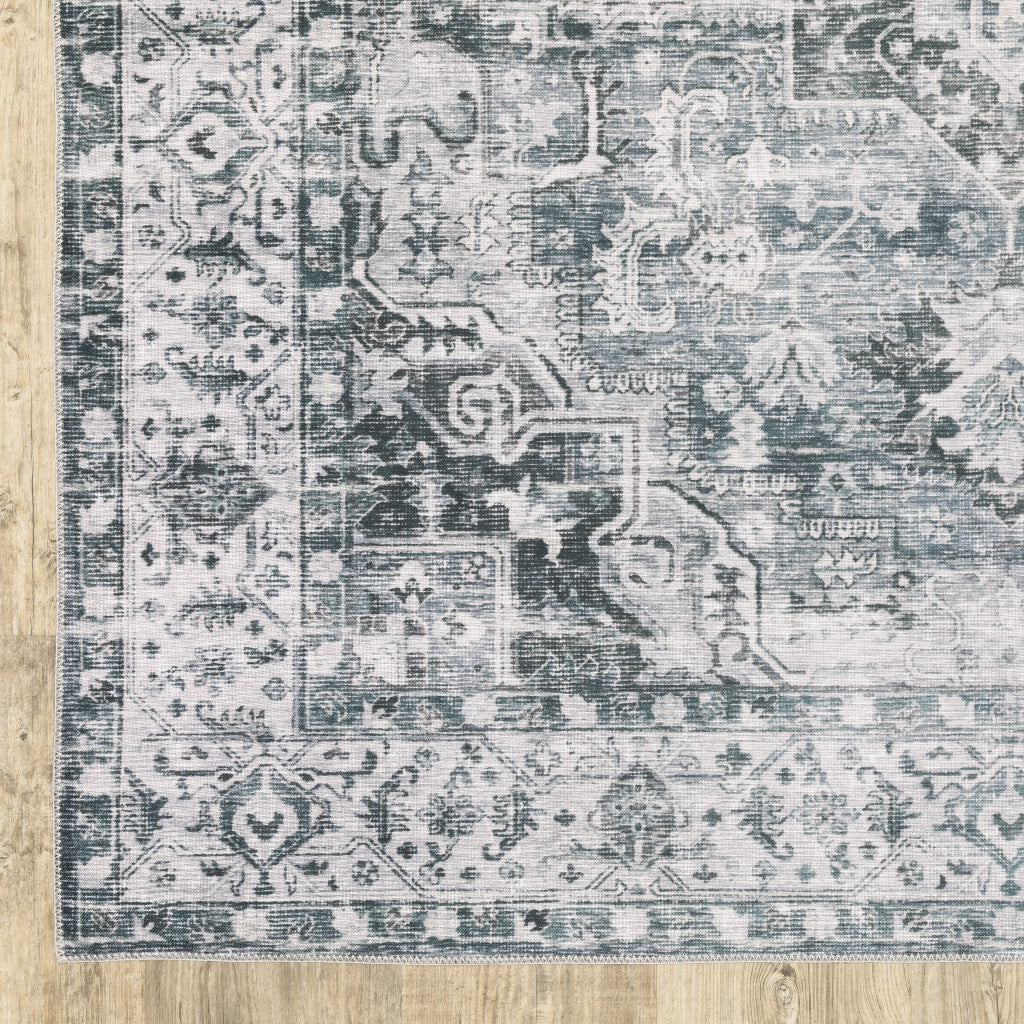 HomeRoots 510375 7 x 10 ft. Navy Blue Ivory & Gray Oriental Printed Stain Resistant Non Skid Rectangle Area Rug