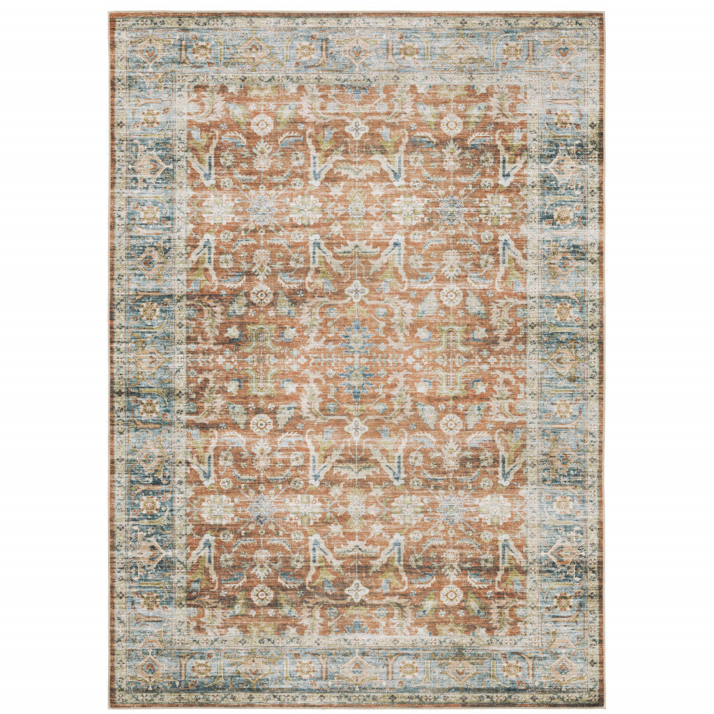 HomeRoots 510380 7 x 10 ft. Rust Blue Ivory & Gold Oriental Printed Stain Resistant Non Skid Rectangle Area Rug