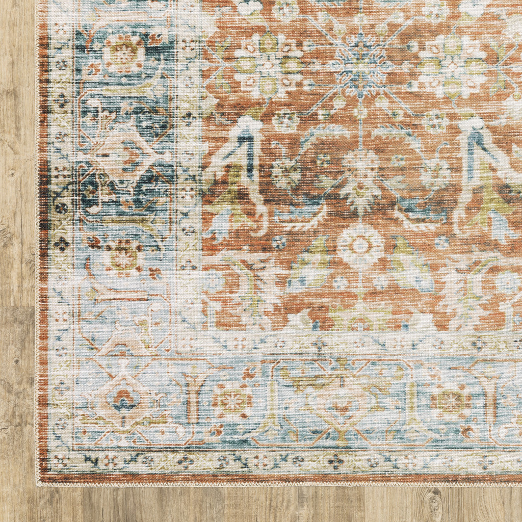 HomeRoots 510380 7 x 10 ft. Rust Blue Ivory & Gold Oriental Printed Stain Resistant Non Skid Rectangle Area Rug