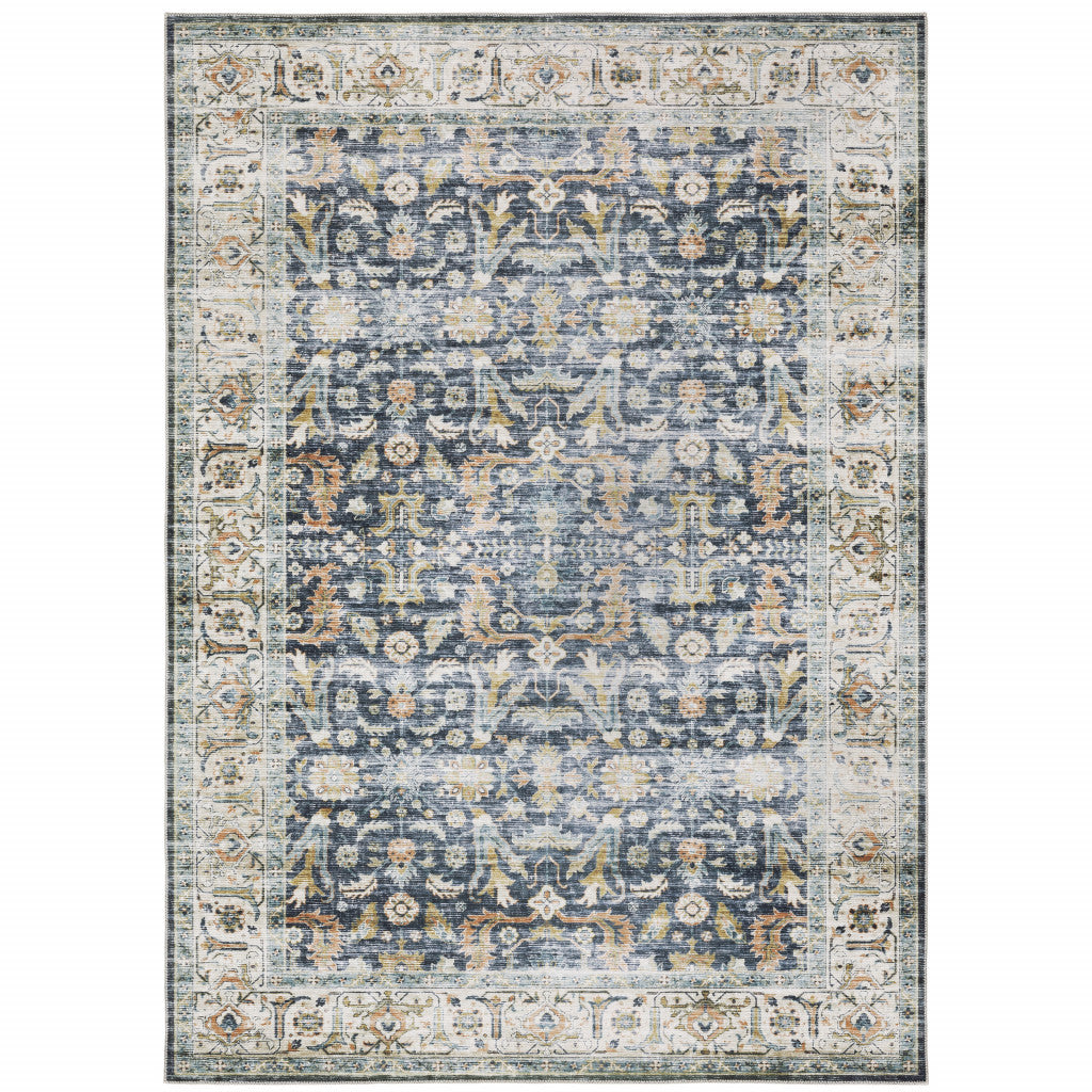 HomeRoots 510385 7 x 10 ft. Blue Gold Rust Ivory & Olive Oriental Printed Stain Resistant Non Skid Rectangle Area Rug