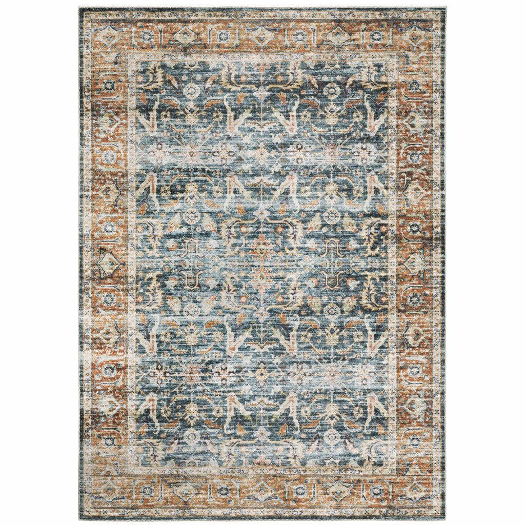 HomeRoots 510390 7 x 10 ft. Blue Rust Gold & Olive Oriental Printed Stain Resistant Non Skid Rectangle Area Rug