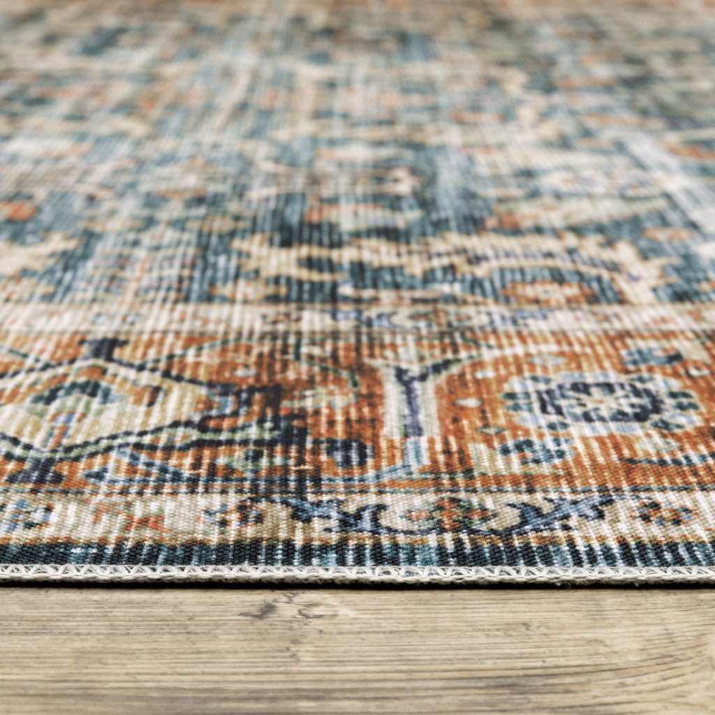 HomeRoots 510390 7 x 10 ft. Blue Rust Gold & Olive Oriental Printed Stain Resistant Non Skid Rectangle Area Rug