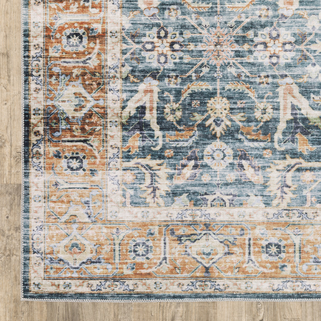 HomeRoots 510390 7 x 10 ft. Blue Rust Gold & Olive Oriental Printed Stain Resistant Non Skid Rectangle Area Rug
