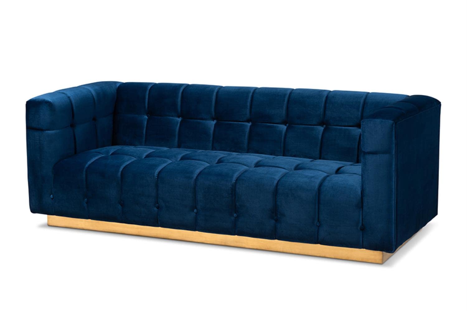 Baxton Studio Loreto Glam and Luxe Navy Blue Velvet Fabric Upholstered Brushed Gold Finished Sofa