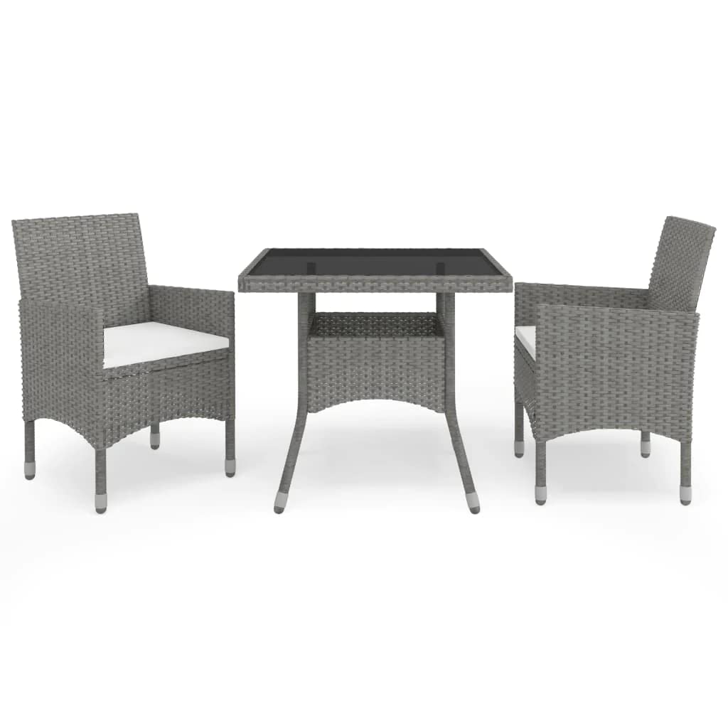 vidaXL Patio Dining Set 3 Piece, Outdoor Dining Set for 2, Table and Chair for Garden, Dining Chair, Scandinavian Style, Gray Poly Rattan and Glass