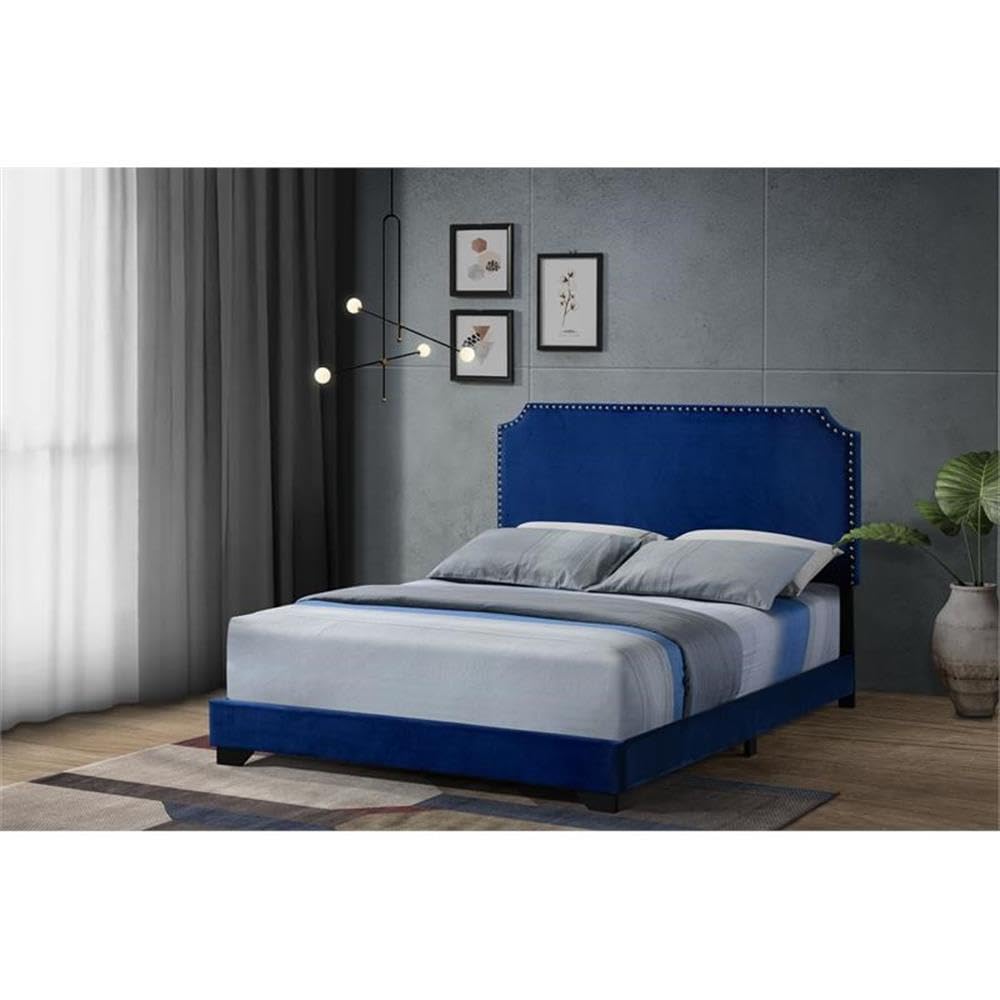 Acme Haemon Fabric Upholstered Queen Bed with Nailhead Trim in Blue