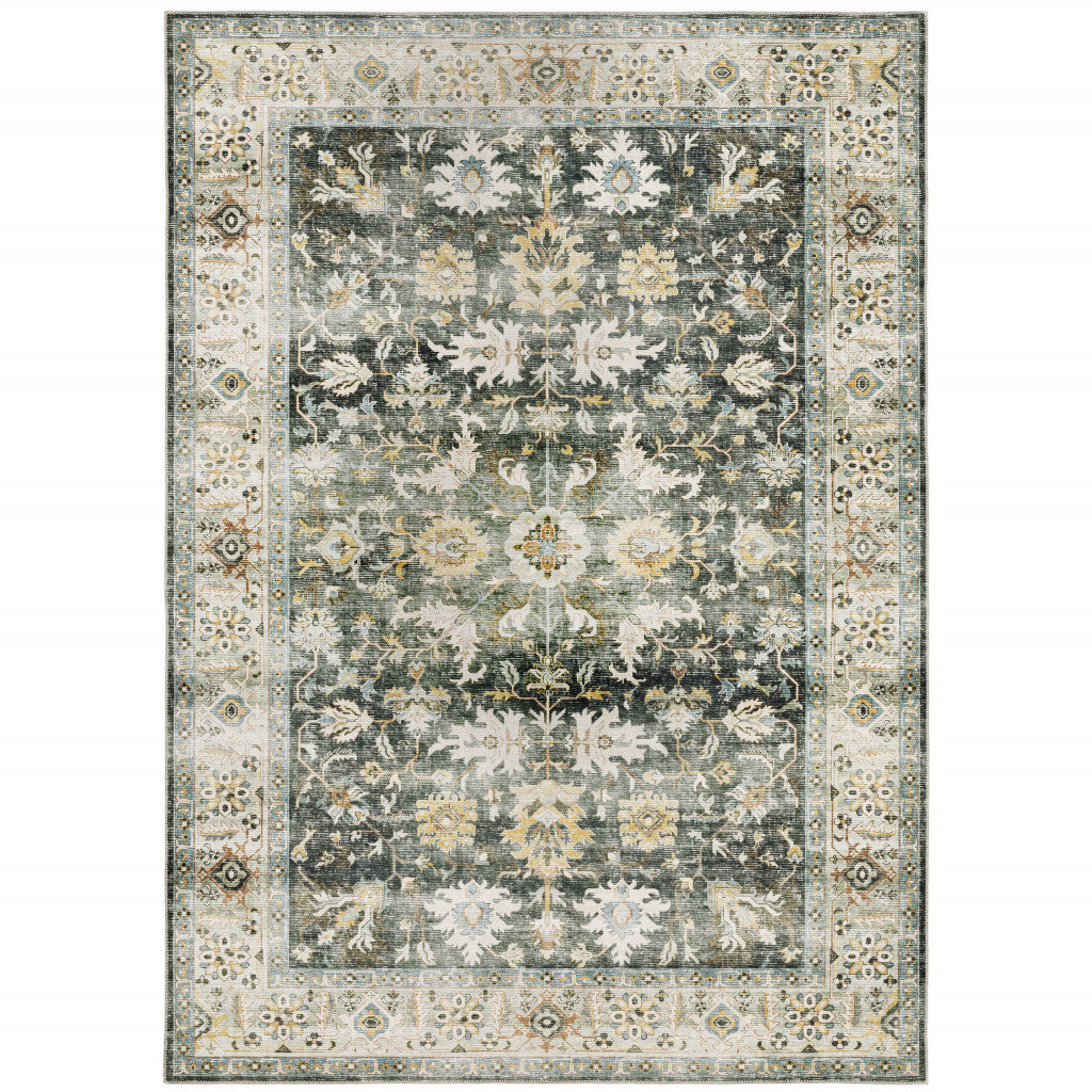 HomeRoots 510405 7 x 10 ft. Gray Charcoal Gold Brown Ivory Pale Sage & Light Blue Oriental Printed Stain Resistant Non Skid Rectangle Area Rug