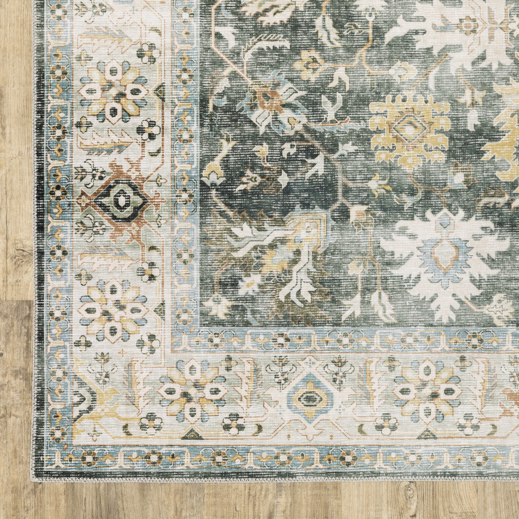 HomeRoots 510405 7 x 10 ft. Gray Charcoal Gold Brown Ivory Pale Sage & Light Blue Oriental Printed Stain Resistant Non Skid Rectangle Area Rug