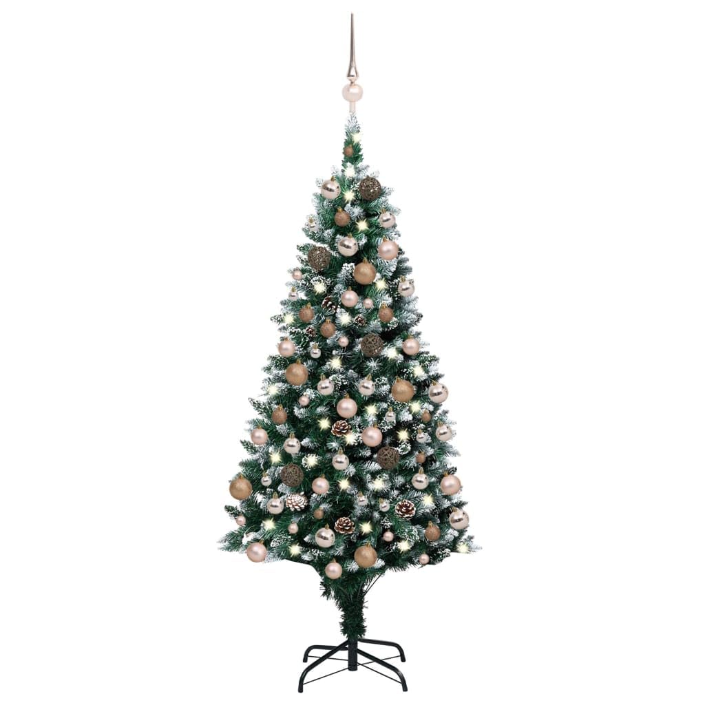 vidaXL Artificial Pre-lit Christmas Tree - 70.9&quot; Green/White with Pine Cones, Rose Gold Baubles & 150 LEDs - 1.2&quot; to 2.4&quot; Ball Set - Metal Stand, USB Connection