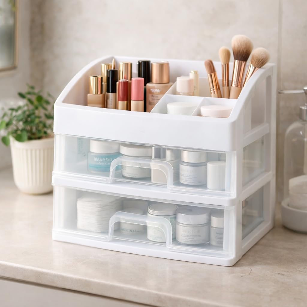 Market99 White 2Layer White Mini Drawer For Cosmetic & MakeUp Accessories | Small Size Drawer For Home, Office, Hospital, Parl