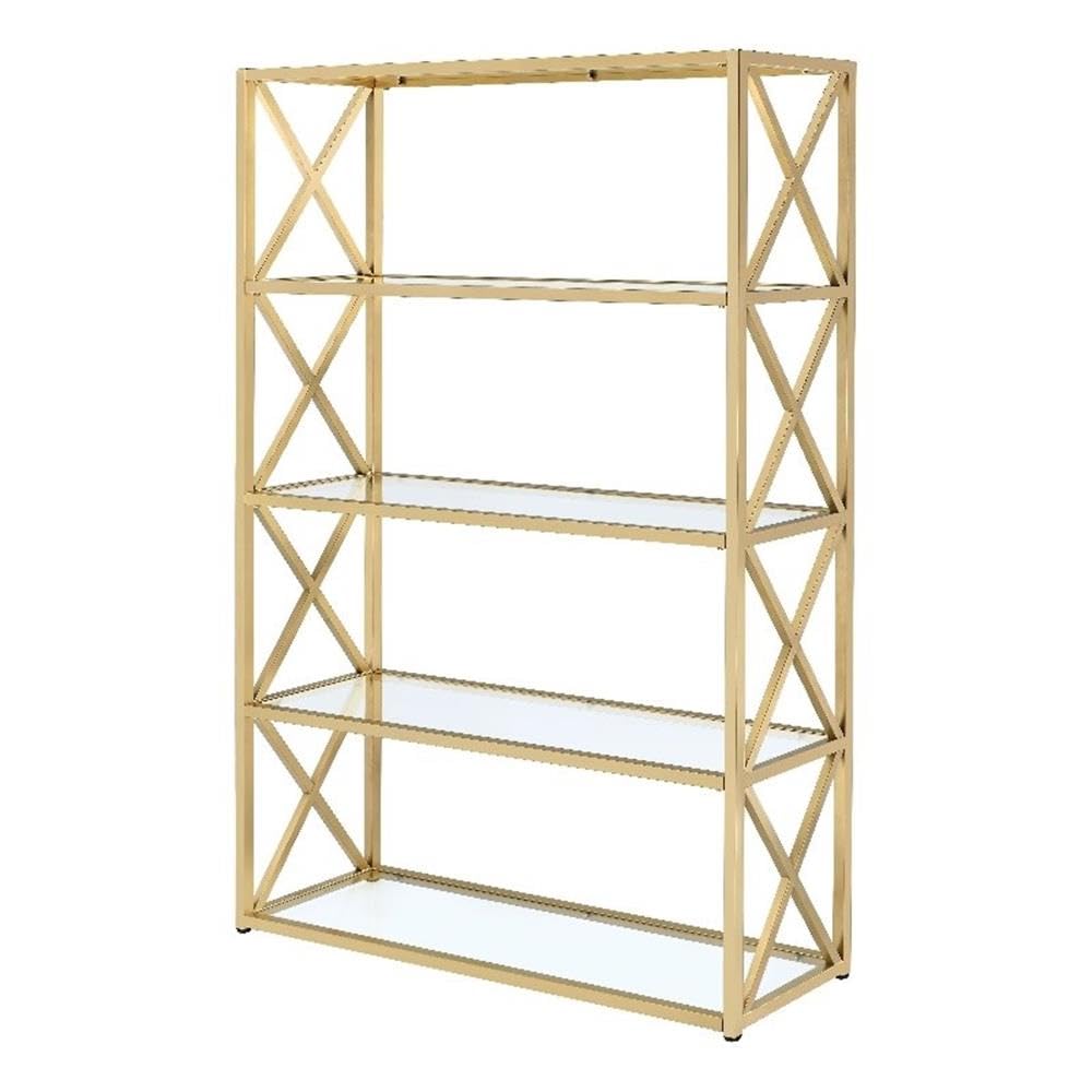 Acme Milavera Metal Etagere Bookcase with 5 Glass Shelves in Clear and Gold