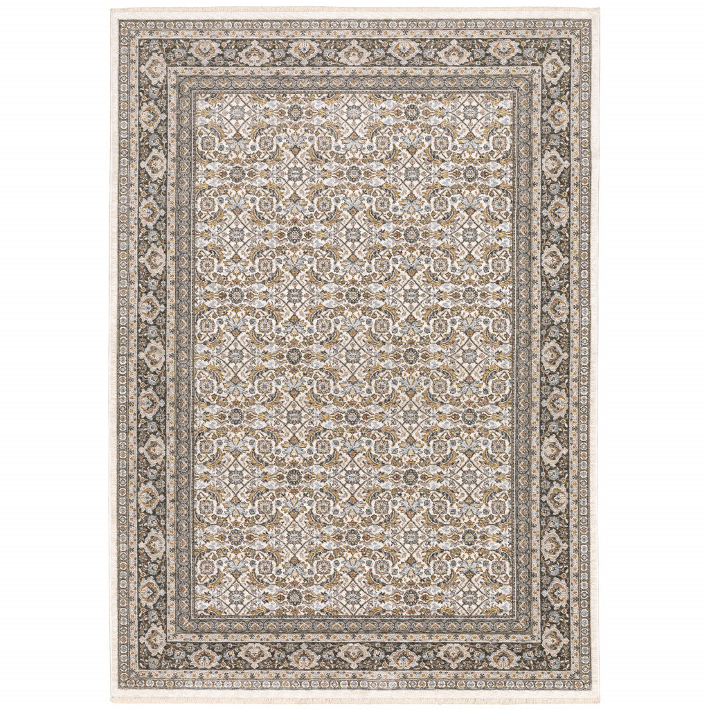 HomeRoots 510624 10 x 13 ft. Ivory & Gray Oriental Power Loom Stain Resistant Rectangle Area Rug with Fringe