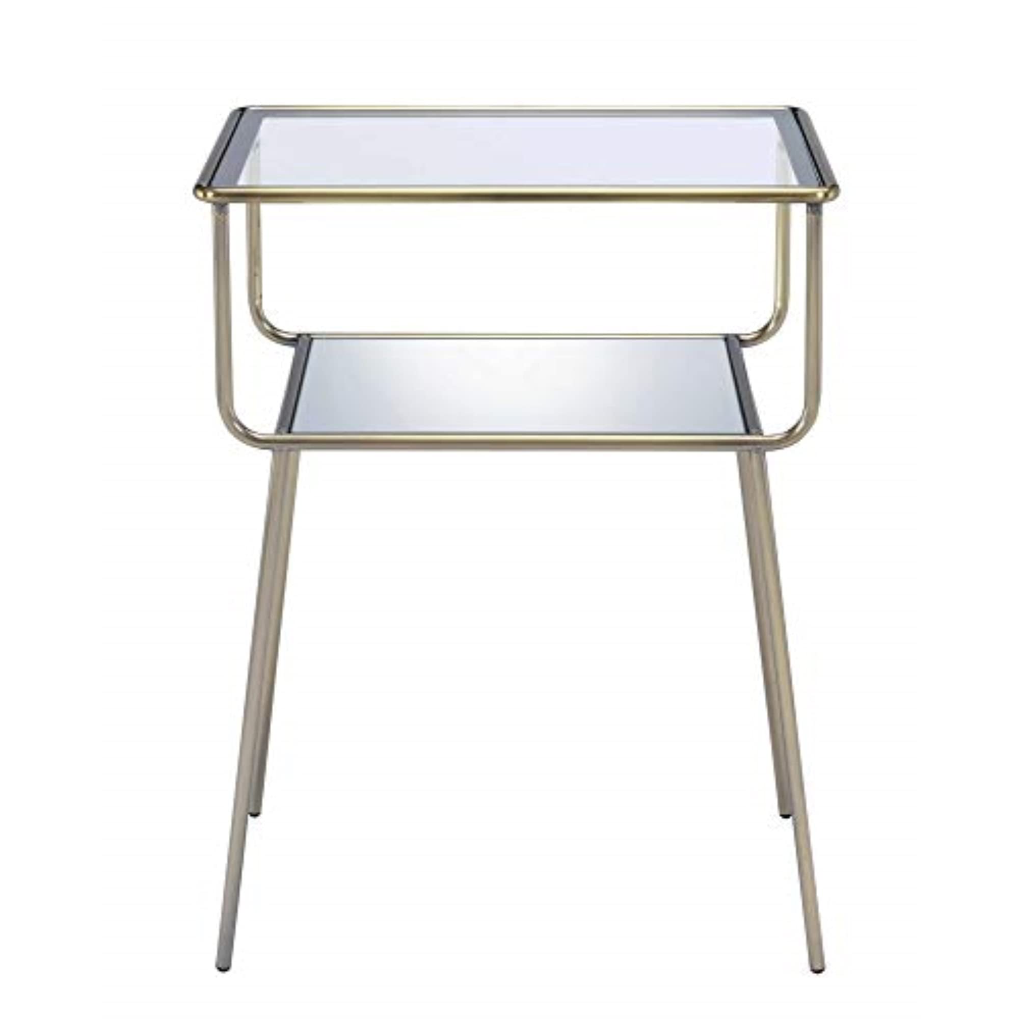 Acme Rhodie Rectangular Glass Top End Table with Mirror Shelf in Antique Brass