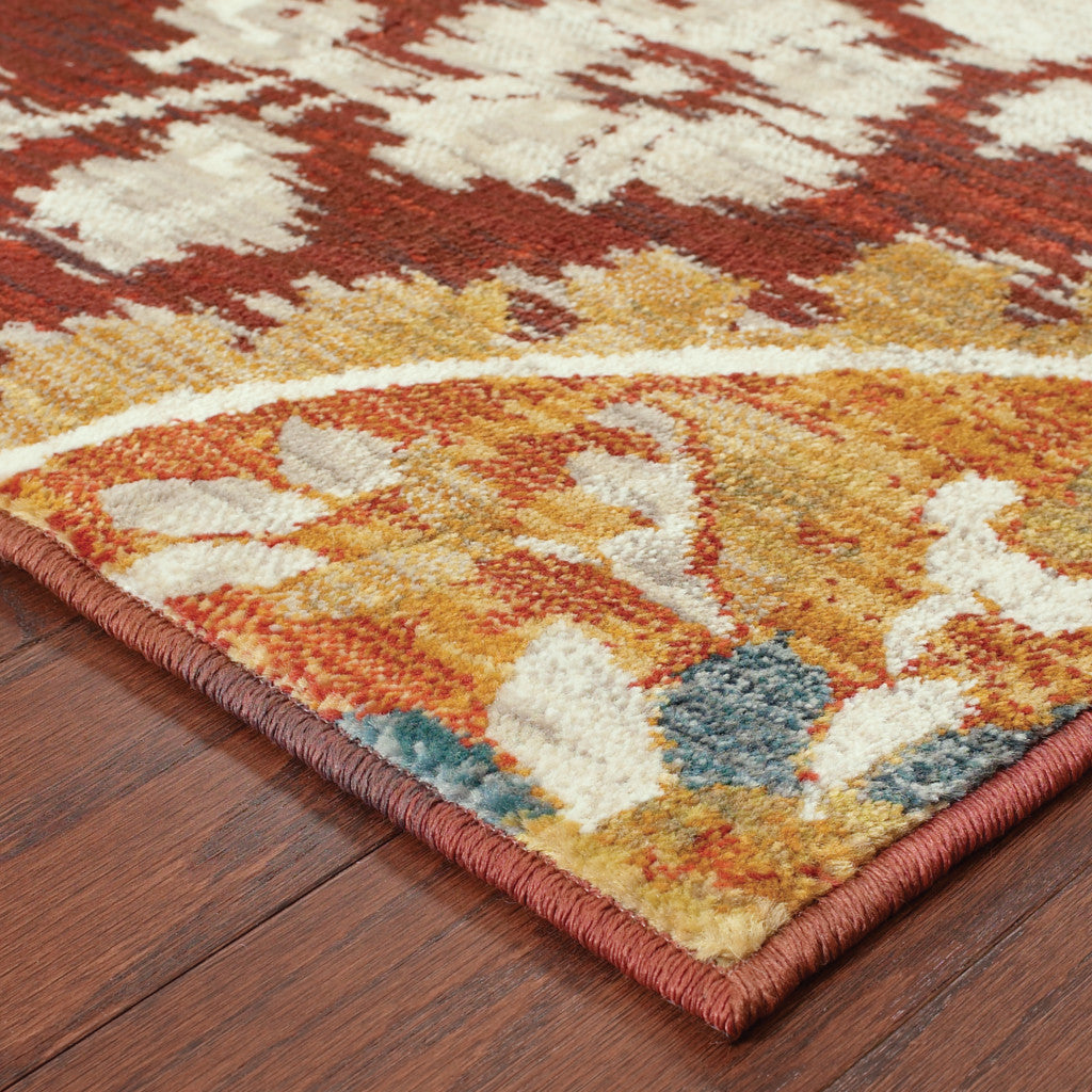 HomeRoots 510728 10 x 13 ft. Red Gold Teal Gray Ivory & Blue Oriental Power Loom Stain Resistant Rectangle Area Rug