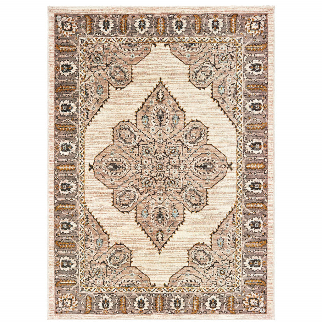 HomeRoots 510787 10 x 13 ft. Ivory Gold Gray & Blue Oriental Power Loom Stain Resistant Rectangle Area Rug