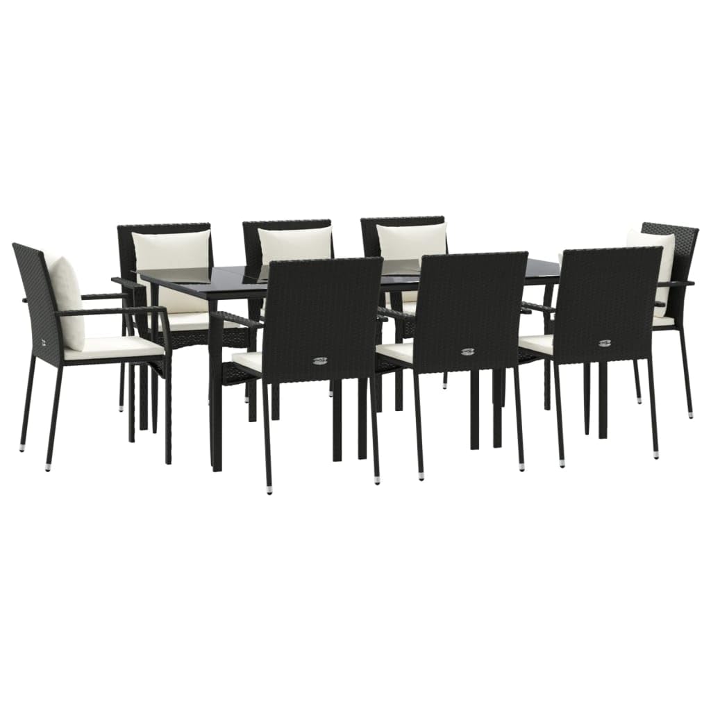 vidaXL 7 Piece Patio Dining Set with Cushions, Black Poly Rattan, Outdoor Furniture with Weather-Resistant Material, Modular Design, Comfortable Seating, Tempered Glass Top Table