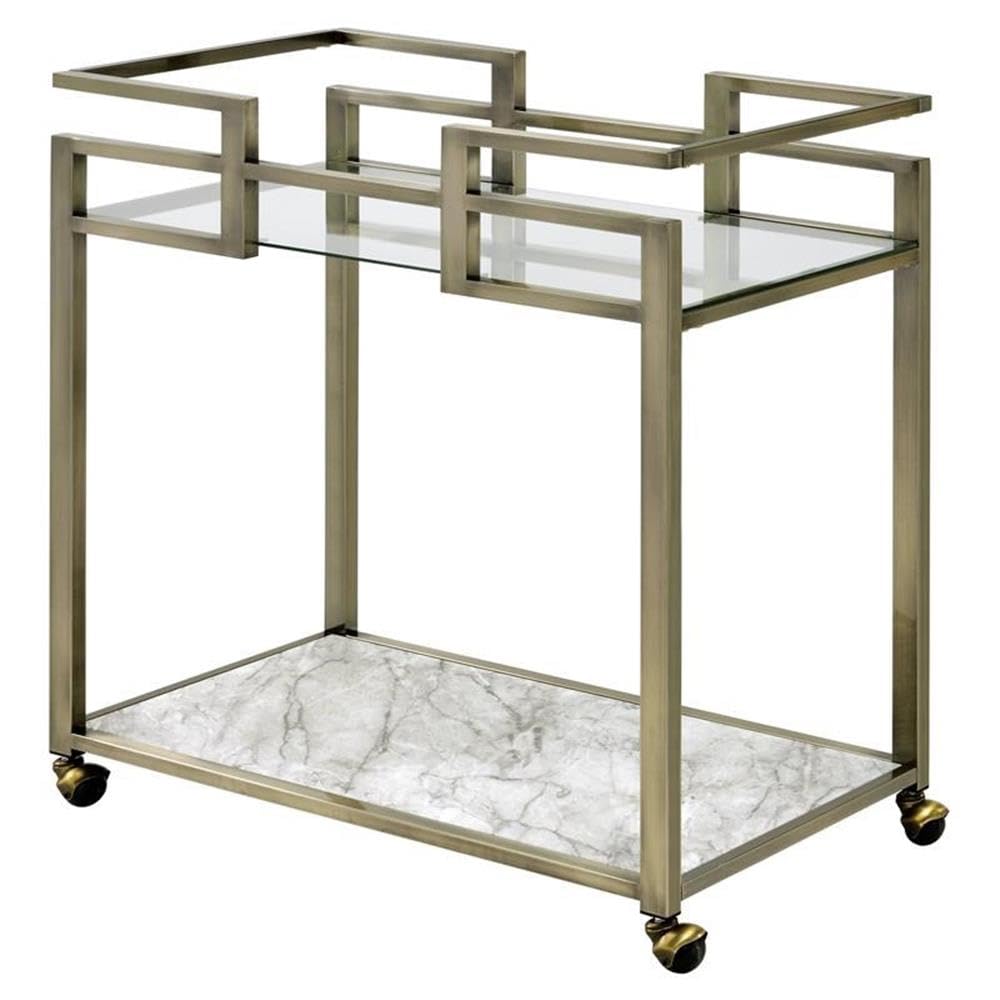Acme Neilo Metal Frame Serving Cart with Glass Top Shelf in Clear and Wire Brass