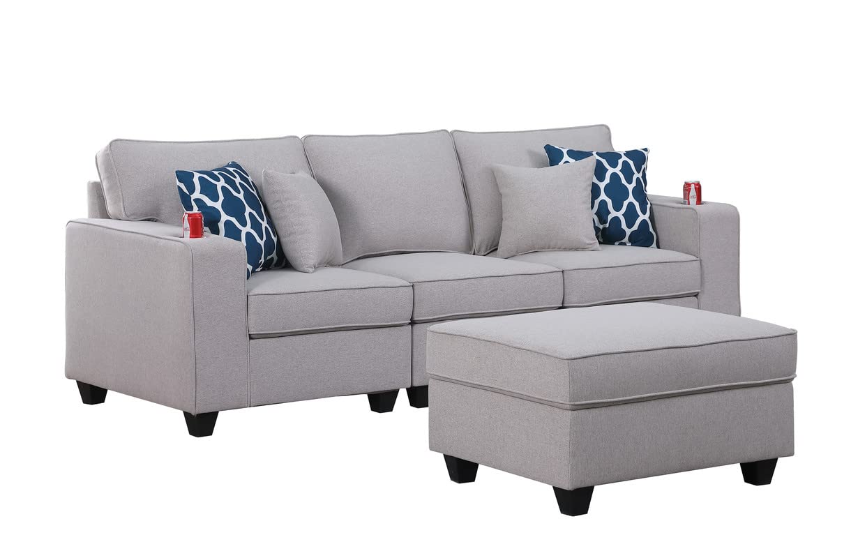 Lilola Home Cooper Light Gray Linen Sofa with Ottoman and Cupholder