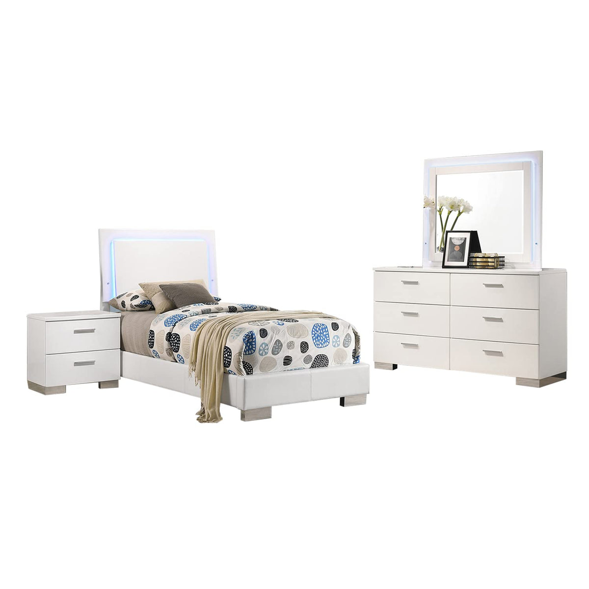 Coaster Felicity Twin Bed 4-Piece Set, White High Gloss