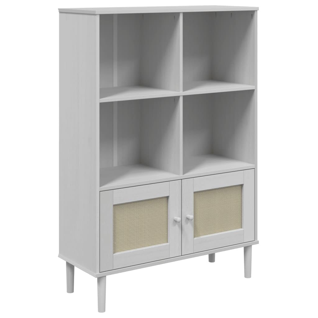vidaXL SENJA Modern Freestanding Bookcase - Solid Pinewood with UV Varnish Finish, Poly Rattan Surface - White | 35.4&quot;x13.8&quot;x51.2&quot;