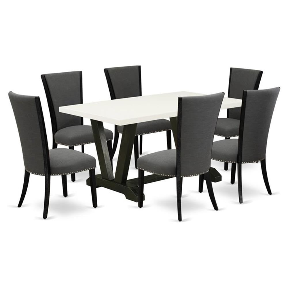 East West Furniture V626VE650-7 7 Piece Dining Room Table Set Consists of a Linen White Wooden Table and 6 Dark Gotham Grey Linen Fabric Dining Chairs with High Back - Wire Brushed Black Finish