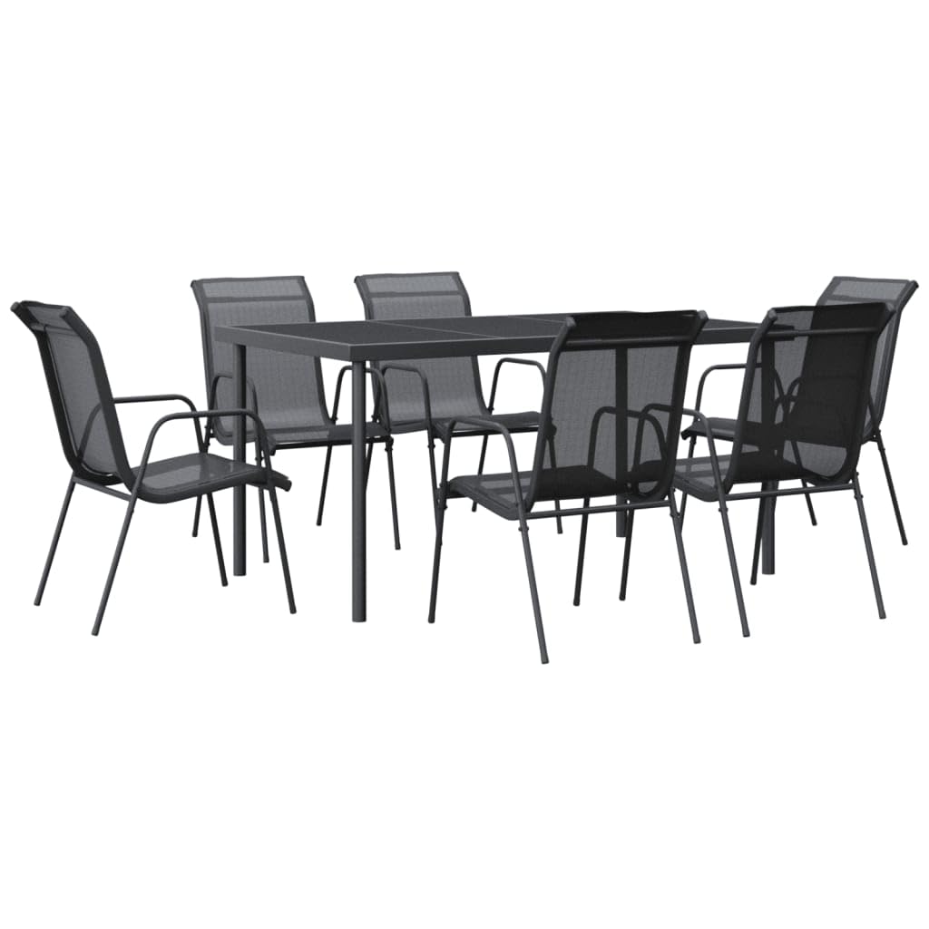 vidaXL Patio Dining Set 7 Piece - Black Steel Table and Textilene Chairs - Outdoor Garden/Patio Furniture - Rectangular Tempered Glass Table - Anthracite/Black Seating - Ergonomic Comfort