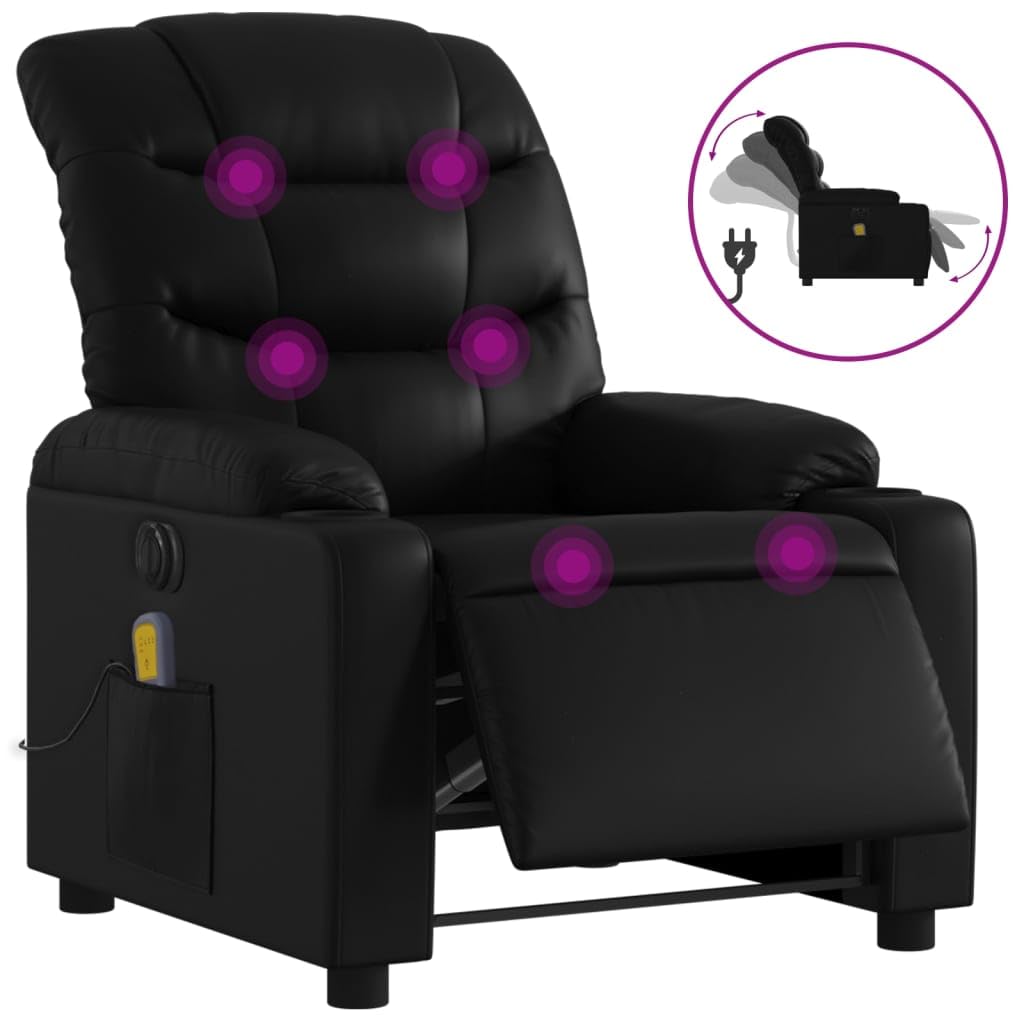 vidaXL Black Faux Leather Electric Recliner Chair - Motorized Lounge Seat with Cup Holders, Side Pocket, 6-Point Vibration Massage