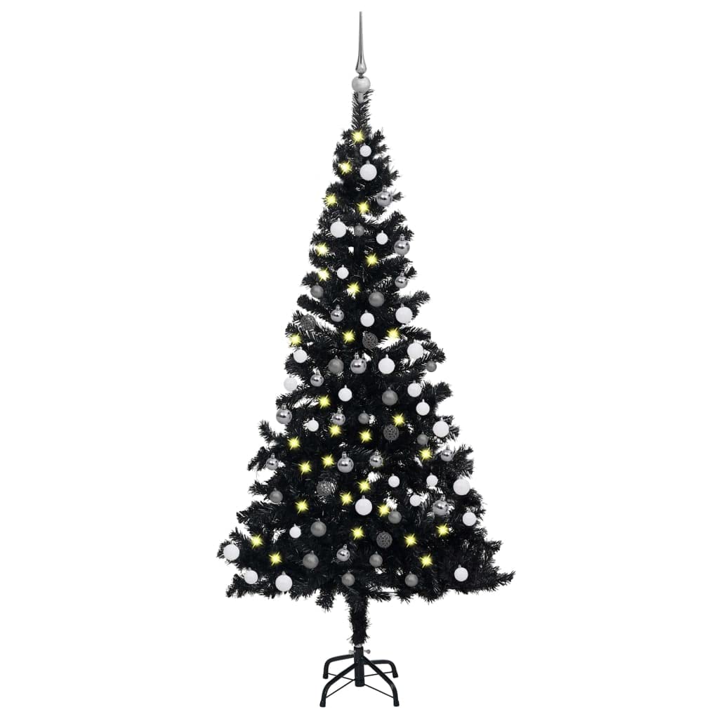 vidaXL Artificial Christmas Tree with LEDs&Ball Set Home Indoor Outdoor Holiday Decoration Christmas Ornament Xmas Tree 59.1&quot; PVC Black