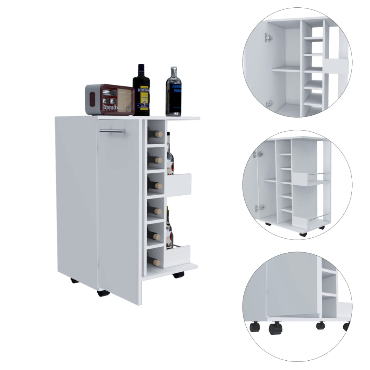 DEPOT E-SHOP Magda Bar Cart, 4 Casters, Single Door Cabinet, 2 External Shelves, White