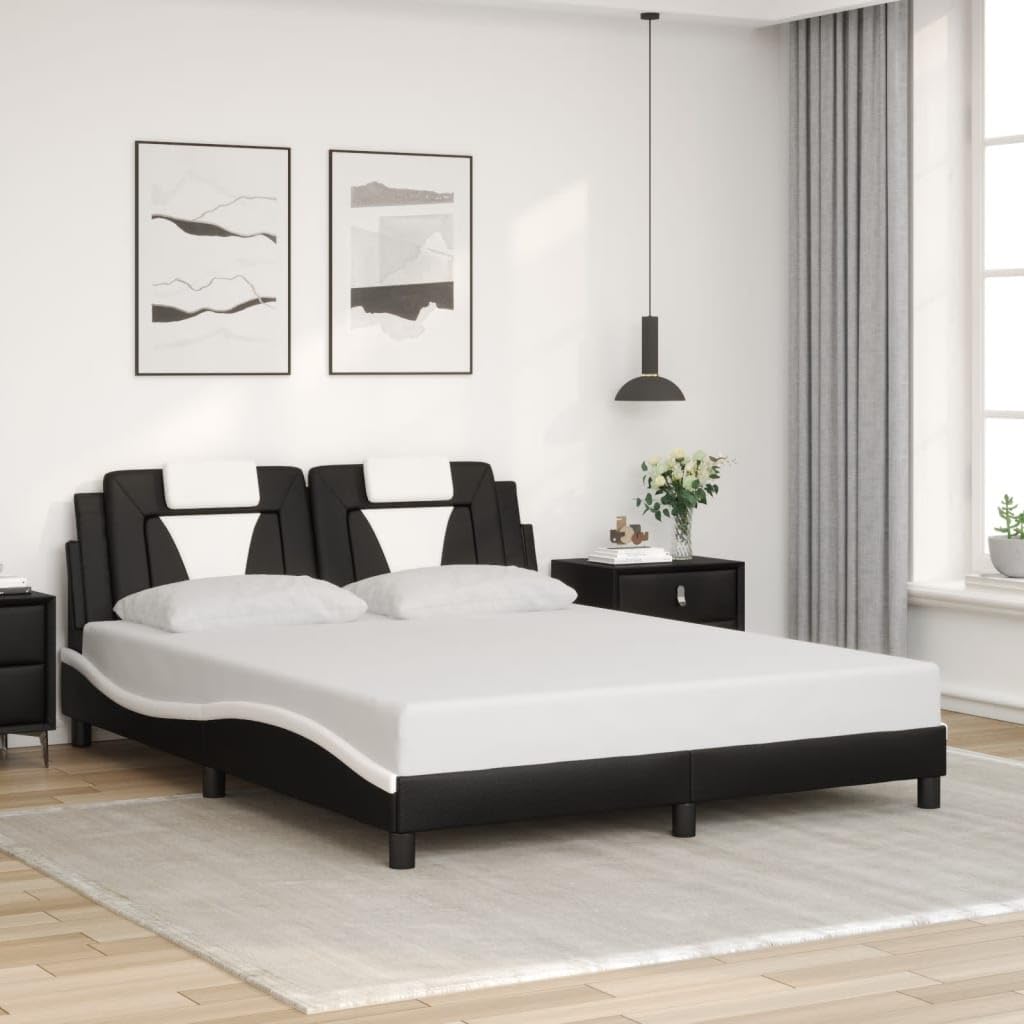 vidaXL - Queen Faux Leather Bed Frame with Headboard Black/White - Plywood Slats - Waved Side Design - 85.8"x61.8"x29.3"
