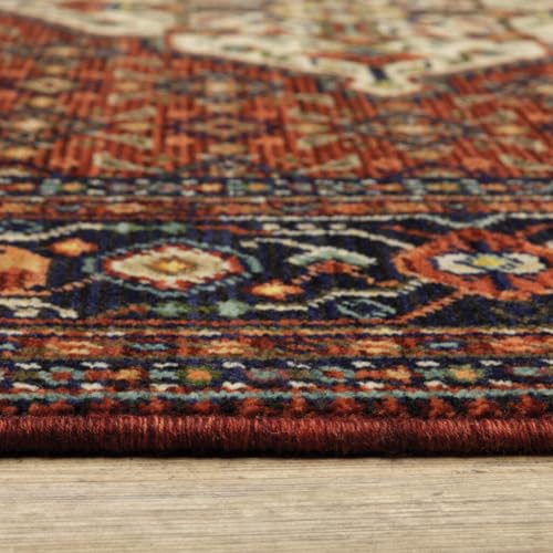 HomeRoots 509219 8 x 11 ft. Red Blue Ivory & Orange Oriental Power Loom Stain Resistant Rectangle Area Rug with Fringe