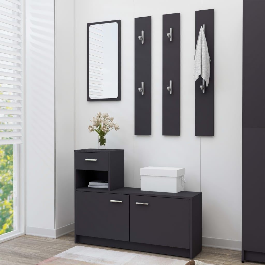 vidaXL Compact Hallway Unit - Stylish Engineered Wood Design with Cabinet, Drawers, Mirror and Wall Hangers - Gray - Dimensions 39.4&quot;x9.8&quot;x30.1&quot;