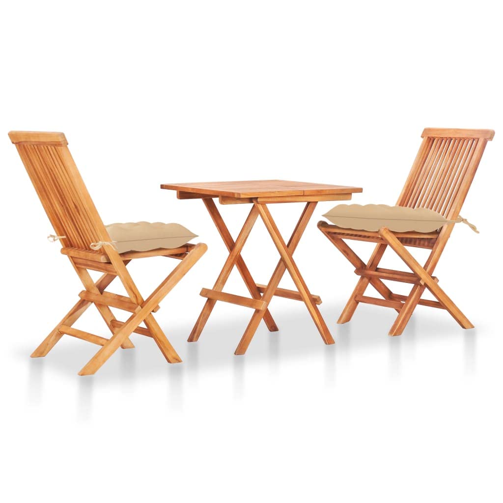vidaXL 3 Piece Bistro Set with Beige Cushions, Solid Teak Wood Construction, Indoor and Outdoor Furniture Set, Foldable Table and Chairs, Comfortable Seating with Padded Cushions