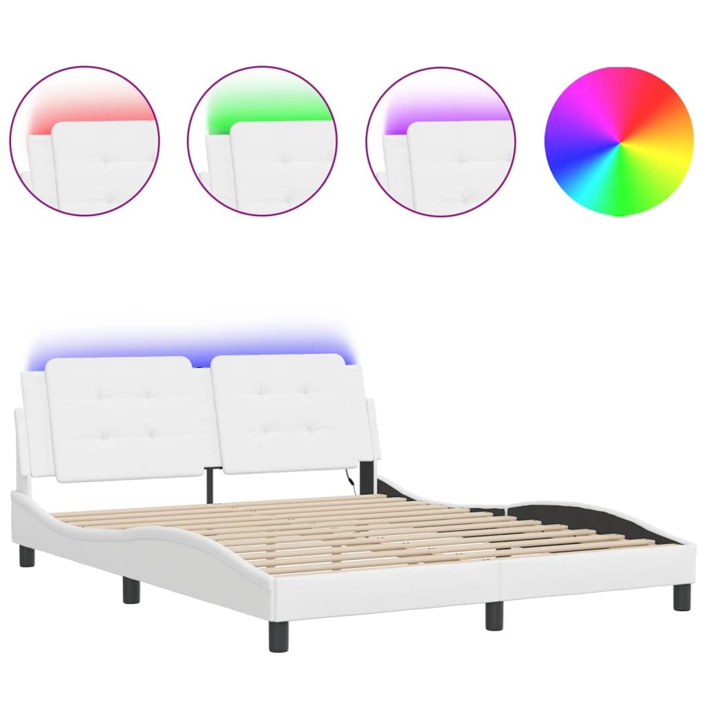 vidaXL Queen Bed Frame with LED Lights White Faux Leather - Plywood Slats, Foam Padded Headboard, Stylish Design