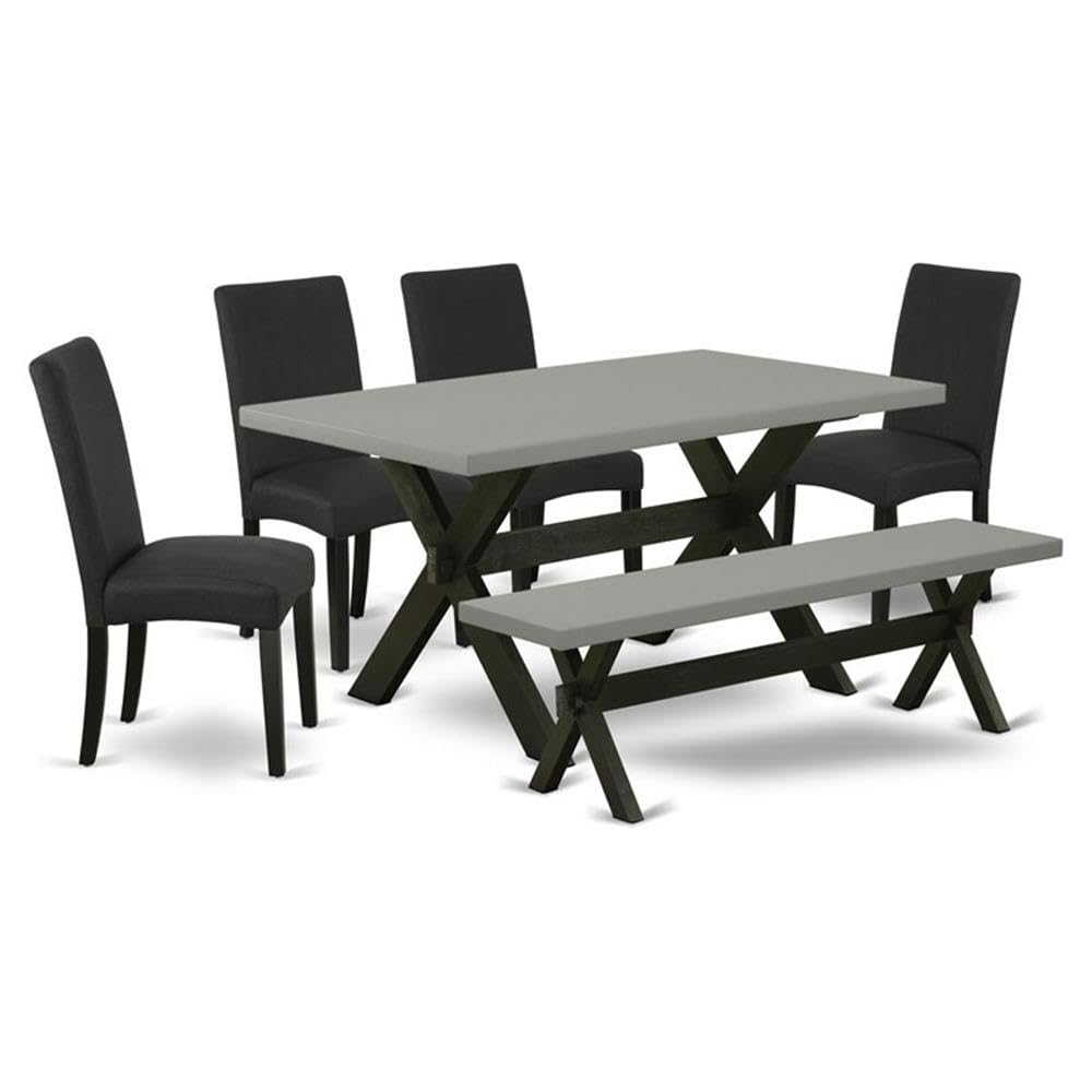 East West Furniture X696Dr124-6 6 Piece Dining Set Contains A Rectangle Dining Room Table With X-Legs And 4 Black Color Linen Fabric Parson Chairs With A Bench, 36X60 Inch, Multi-Color