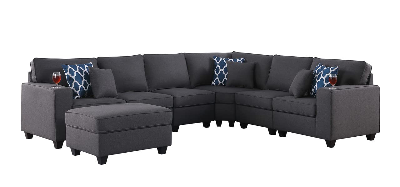 Lilola Home Cooper Dark Gray Linen 7Pc Reversible L-Shape Sectional Sofa with Ottoman and Cupholder