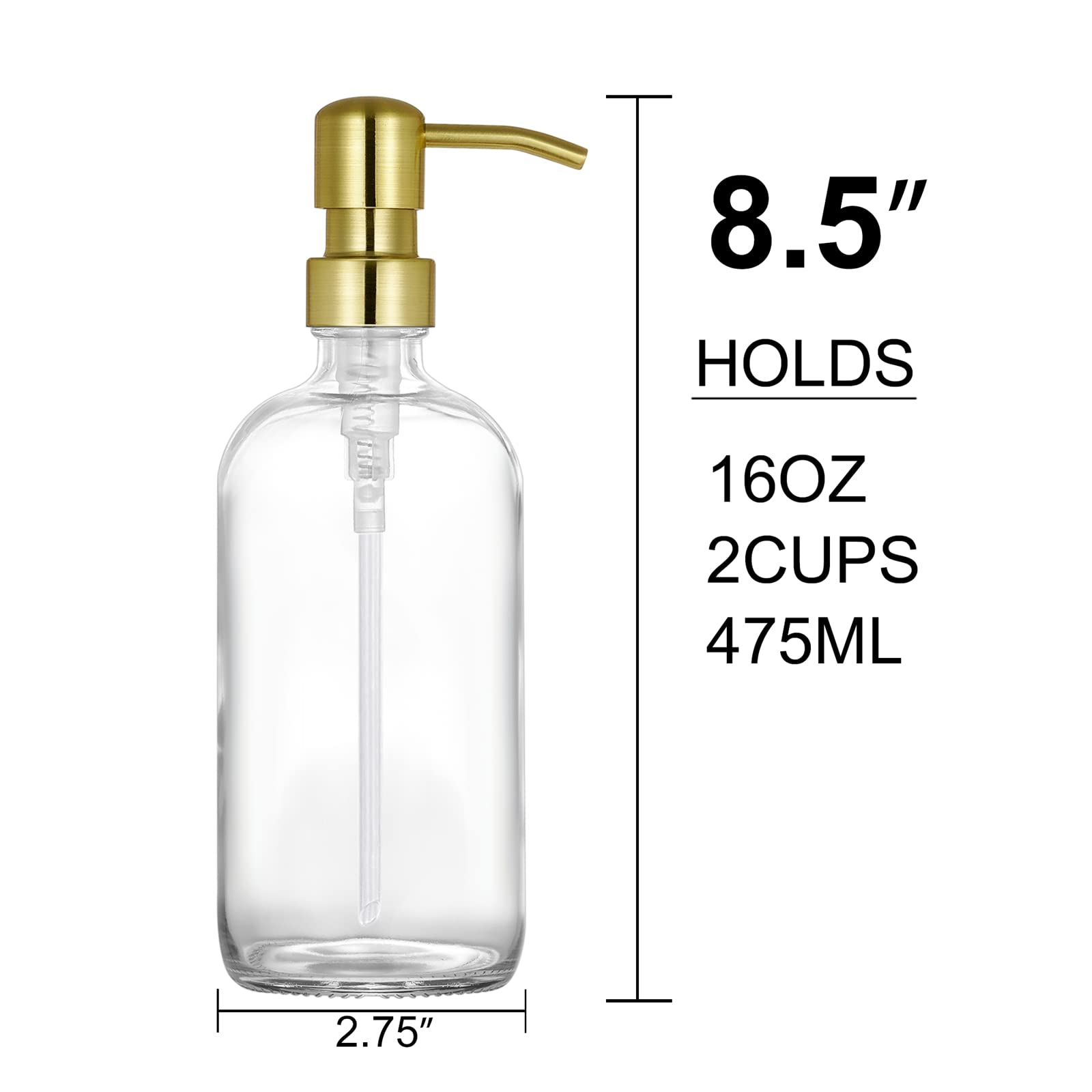 2 Pack Thick Clear Glass Pint Hand Soap Dispenser Bathroom With Gold Stainless Steel Pump, 16Ounce Clear Boston Round Bottles Di
