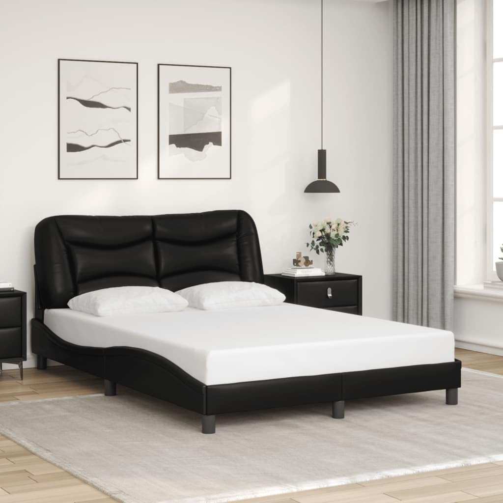 vidaXL Full-Size Bed Frame & Headboard in Black Faux Leather with Waved Design, Plywood Slats & Plush Cushion - Elegant Bedroom Furniture