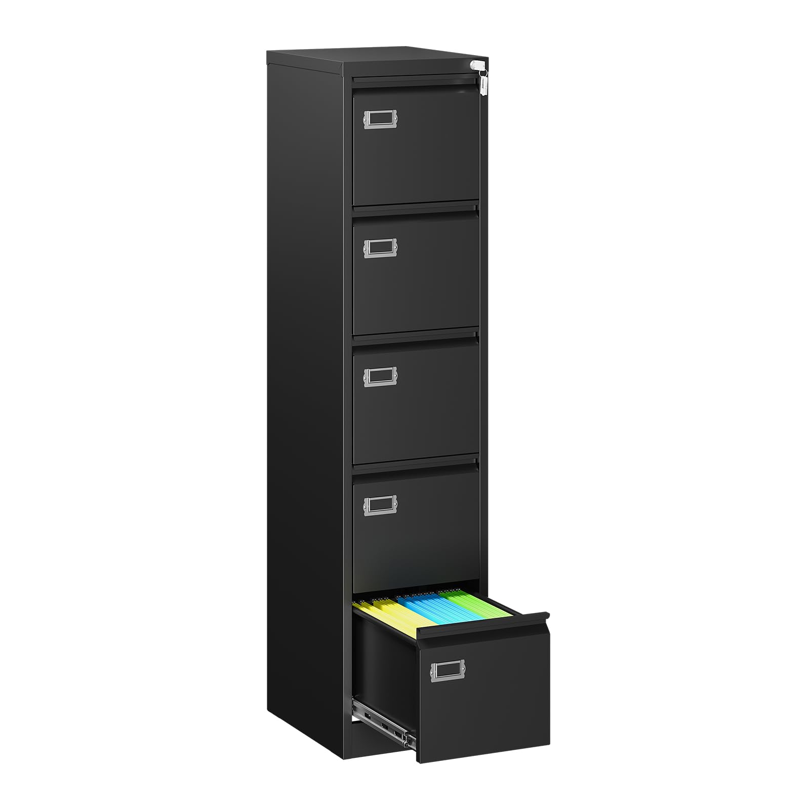 MIIIKO 5 Drawer File Cabinet, Black Vertical Filing Cabinets with Lock, Home Office File Folders Storage Cabinet for Letter Lega