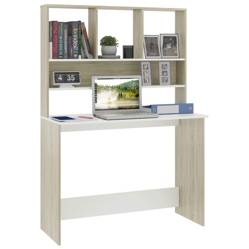 vidaXL Engineered Wood Desk with Shelves - Space-Saving Vertical Design, Modern Style, White and Sonoma Oak, 43.3&quot;x17.7&quot;x61.8&quot; - Ample Storage Solution for Office or Dorm Room