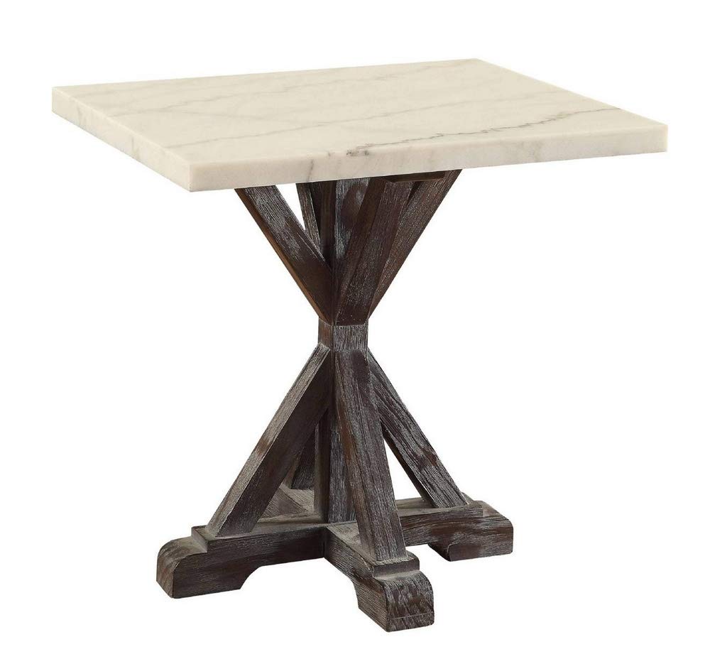 Acme Romina 24 Marble Top End Table in White and Weathered Espresso
