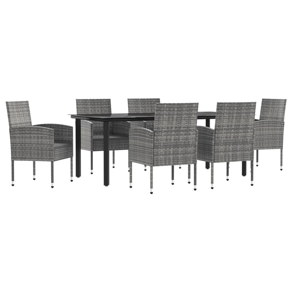 vidaXL - Modern Poly Rattan and Steel 7-Piece Patio Dining Set in Gray with Comfortable Cushions and Glass Table Top for Outdoor, Garden, Patio