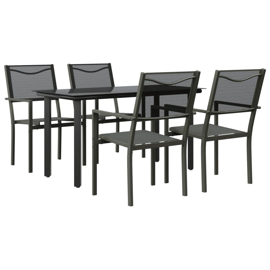 vidaXL 5-Piece Patio Dining Set - Weather-Resistant Black Steel Chairs with Textilene Upholstery and Tempered Glass Tabletop Ideal for Outdoor Use