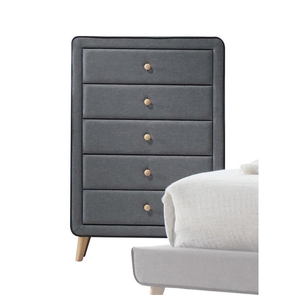 Acme Valda Upholstered 5 Drawer Chest In Light Gray Fabric