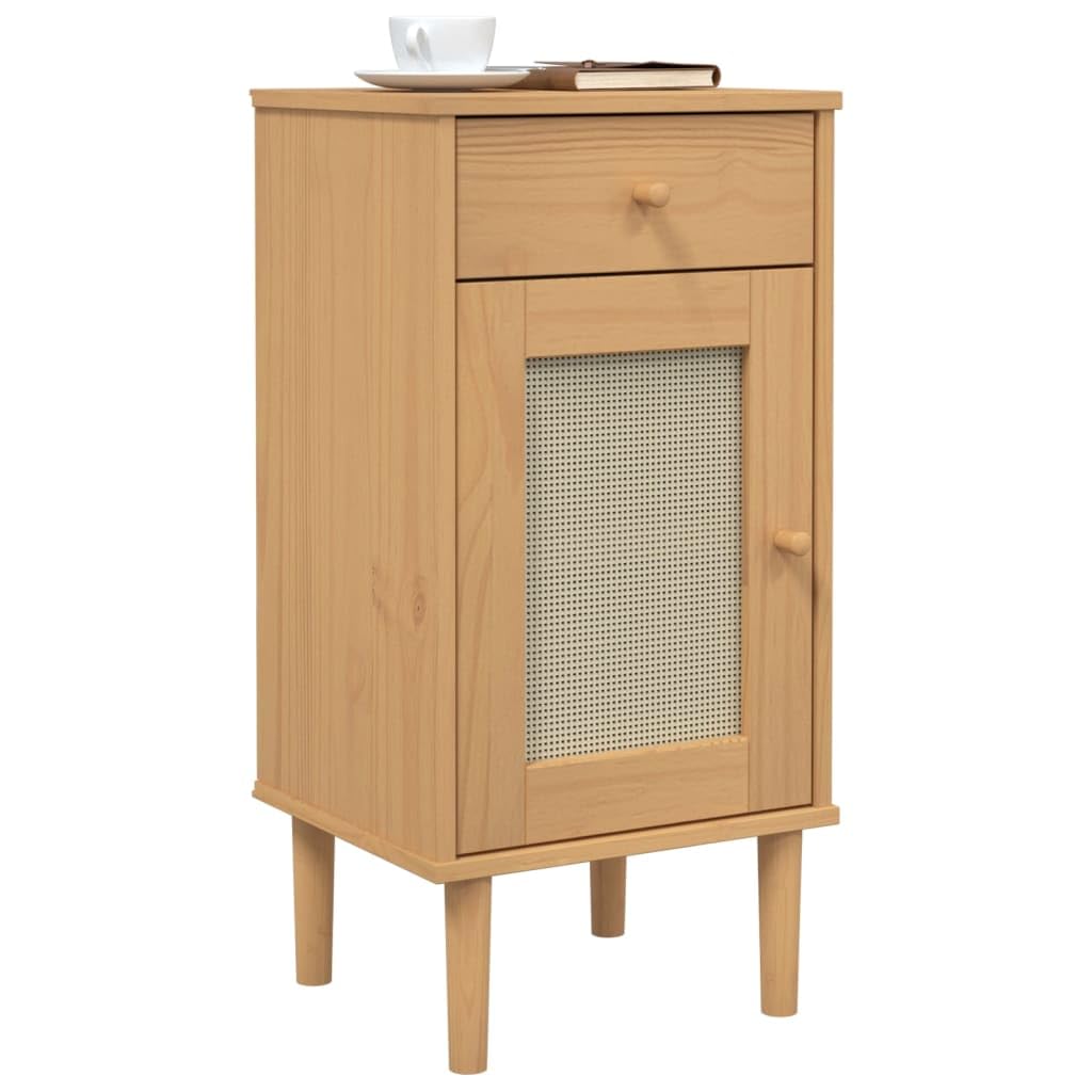 vidaXL SENJA Rattan Look Bedside Cabinet-End Table in Brown, Solid Pine Wood with UV Varnish, Ample Storage, Sturdy Top