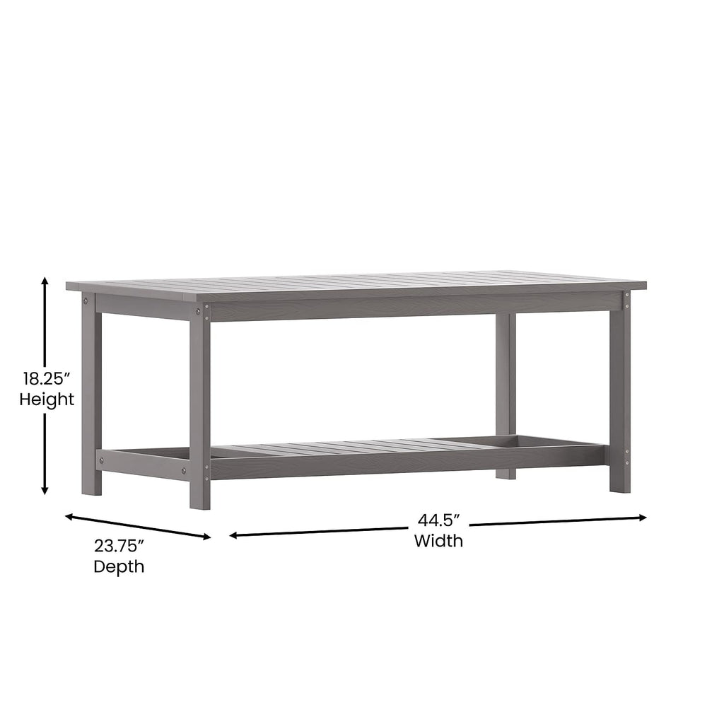 Flash Furniture Charlestown Two Tiered Commercial Grade Adirondack Coffee Table - Gray Finish Poly Resin Wood - All-Weather - Slatted Shelf Design,Grey